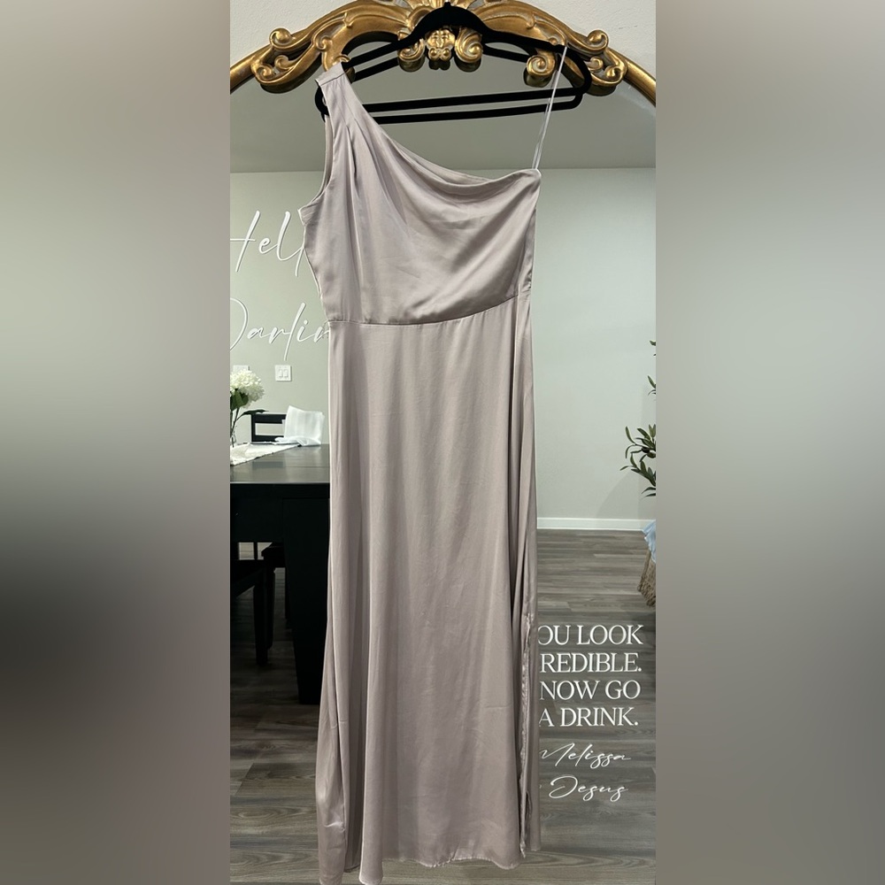 Nicole Miller one shoulder Elegant Satin Gown in Taupe